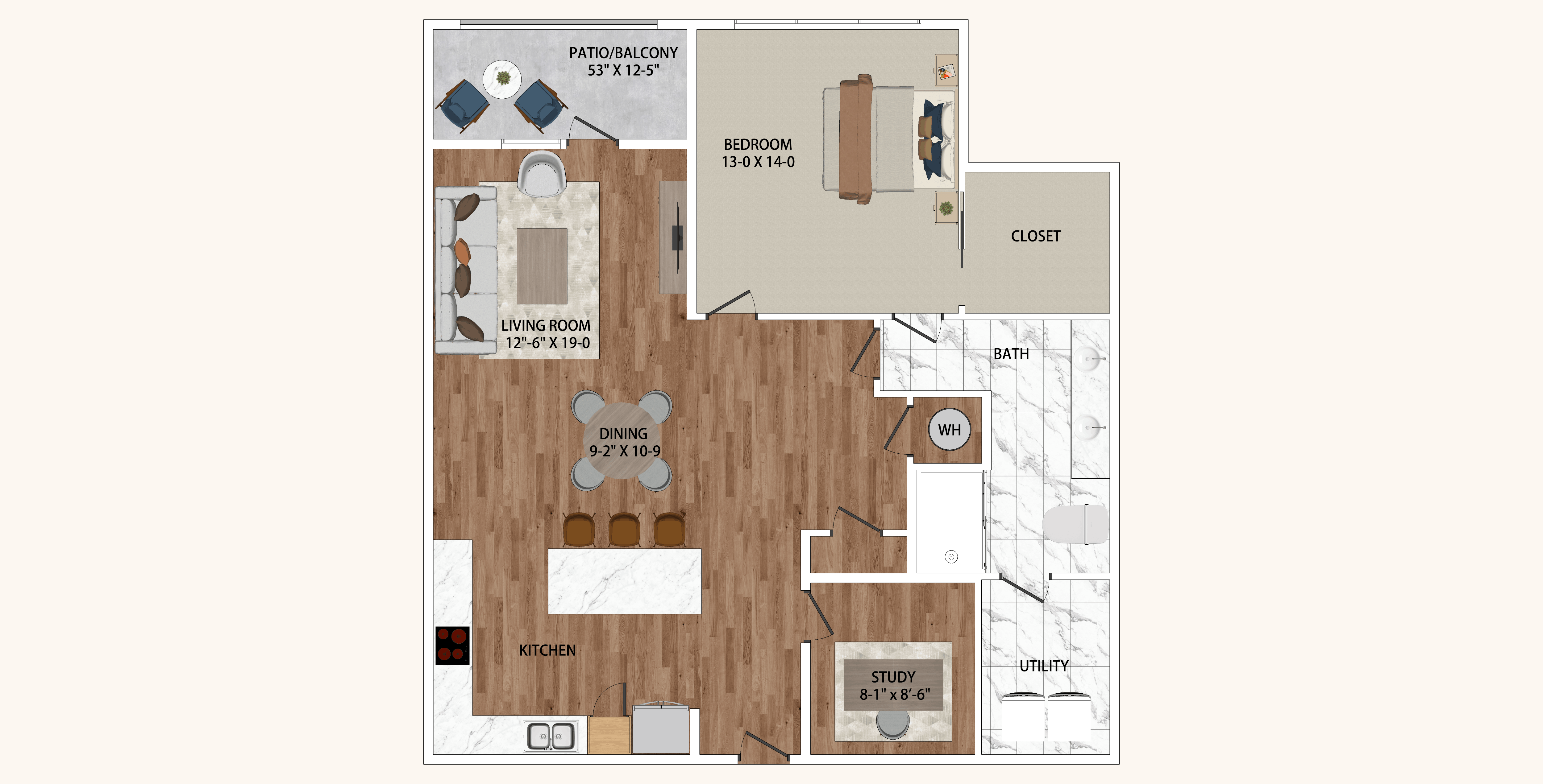 Floor plan for 1 bed, 1 bath, 1142 sqft